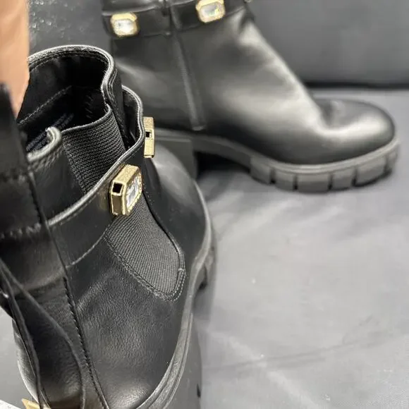 Madden NYC Women's Black Rhinestone Chain Zip Lug Sole Chelsie Ankle Boots Sz 9 - Picture 4 of 13